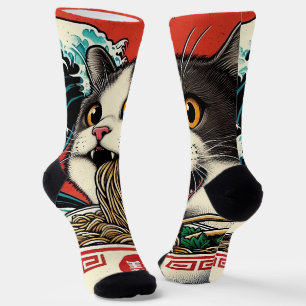 Cat Ramen Japanese Art Vintage Style Socks