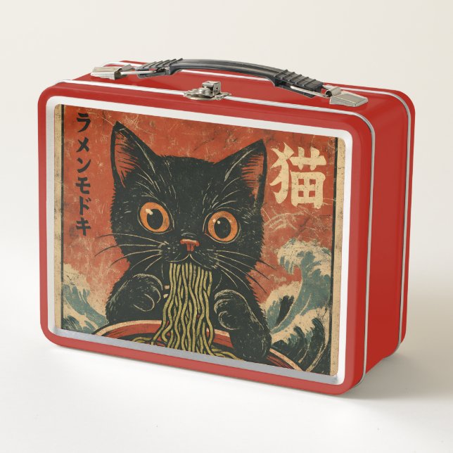Cat Ramen Japanese Funny Graphic Kawaii Cat Anime Metal Lunch Box (Front)
