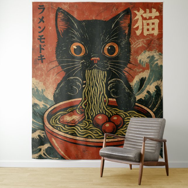 Cat Ramen Japanese Funny Graphic Kawaii Cat Anime Tapestry (In Situ)