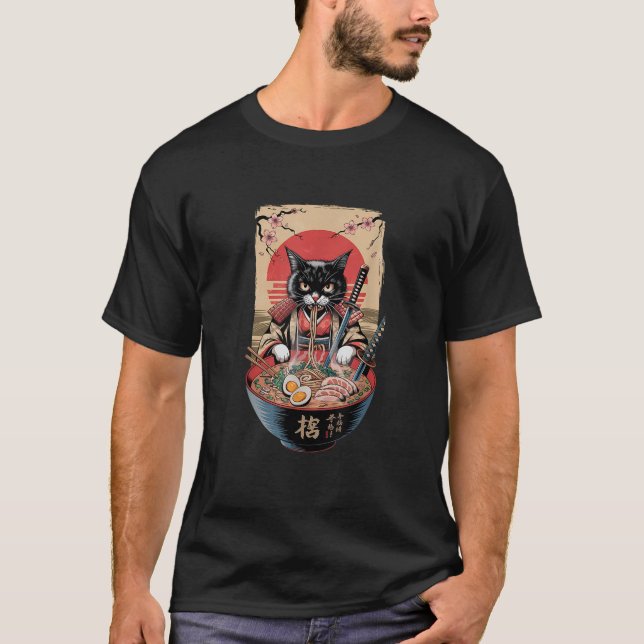 Cat Ramen Japanese Funny Graphic Kawaii Samurai Ca T-Shirt (Front)