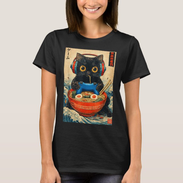 Cat Ramen Japanese Funny Graphic Tees Kawaii Cat A (Front)