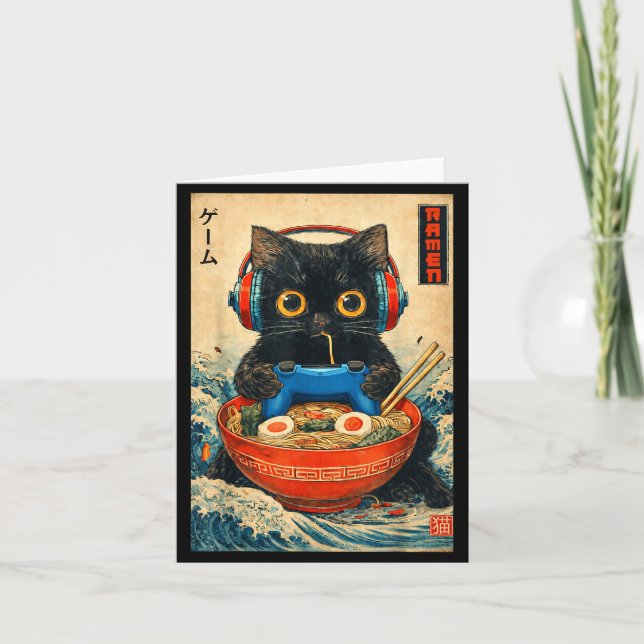 Cat Ramen Japanese Funny Graphic Tees Kawaii Cat A Card (Front)
