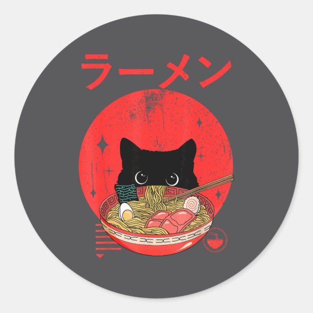 Cat Ramen Japanese Funny Graphic Tees Kawaii Cat A Classic Round Sticker (Front)