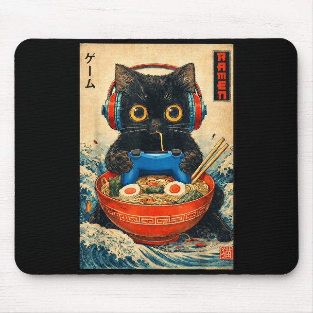 Cat Ramen Japanese Funny Graphic Tees Kawaii Cat A Mouse Mat (Front)