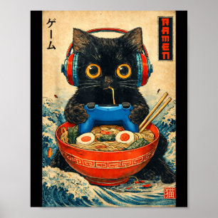Cat Ramen Japanese Funny Graphic Tees Kawaii Cat A Poster