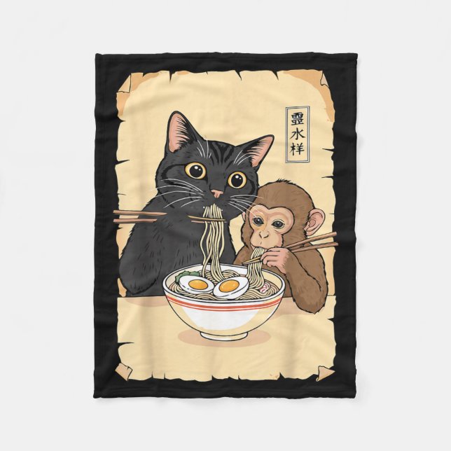 Cat Ramen Monkey Shirt Funny Cat Monkey Eating Ram Fleece Blanket (Front)