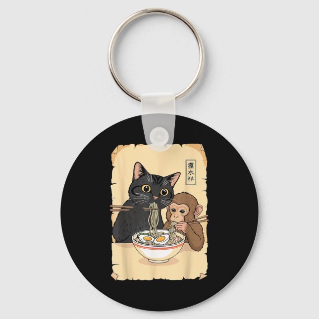 Cat Ramen Monkey Shirt Funny Cat Monkey Eating Ram Key Ring (Front)