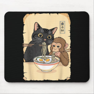 Cat Ramen Monkey Shirt Funny Cat Monkey Eating Ram Mouse Mat