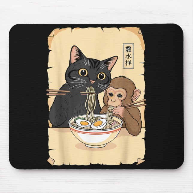 Cat Ramen Monkey Shirt Funny Cat Monkey Eating Ram Mouse Mat (Front)