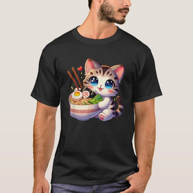 Cat Ramen Noodles Anime Kawaii Japanese Cat  T-Shirt (Front)