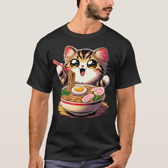 Cat Ramen Noodles Anime Kawaii Japanese Cat T-Shirt (Front)