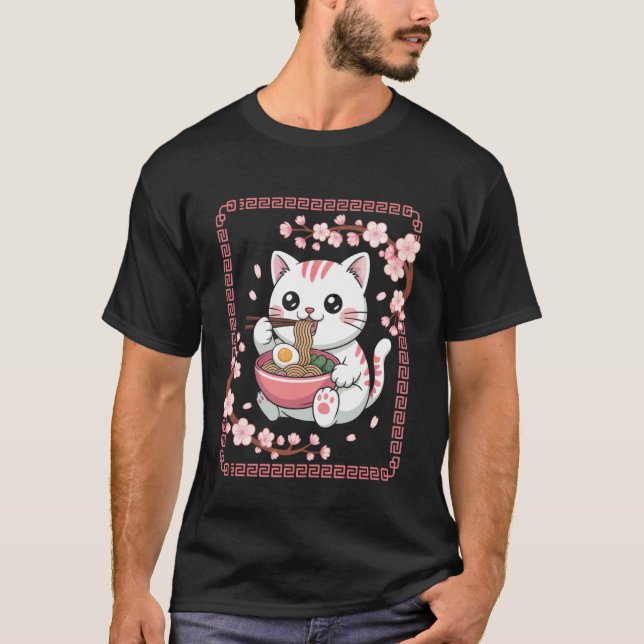 Cat Ramen Time Whimsical Noodle Character Art T-Shirt (Front)