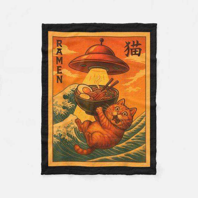 Cat Ramen Ufo Funny Japanese Anime Men Women Teens Fleece Blanket (Front)
