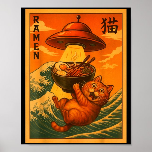 Cat Ramen Ufo Funny Japanese Anime Men Women Teens Poster (Front)