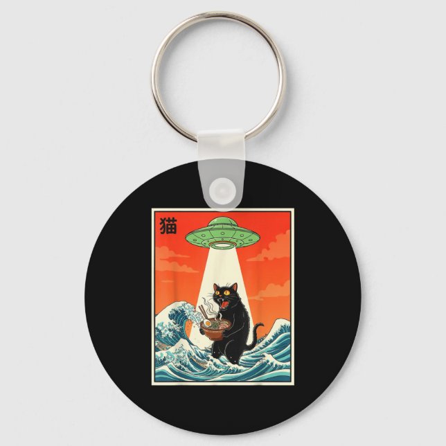 Cat Ramen Ufo Funny Japanese Anime Tee Men Women T Key Ring (Front)
