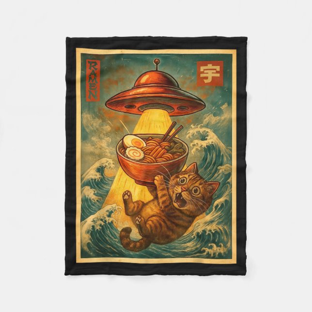 Cat Ramen Ufo Funny Men Women Teens Kids Japanese  Fleece Blanket (Front)
