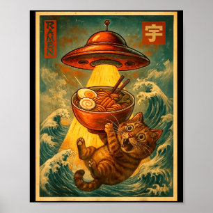 Cat Ramen Ufo Funny Men Women Teens Kids Japanese Poster