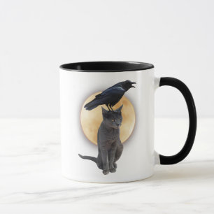 Cat, Raven, Full Moon Halloween Mug
