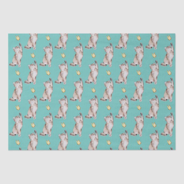 Cat Reaching For Yellow Butterfly on Light Teal Tissue Paper (Front)