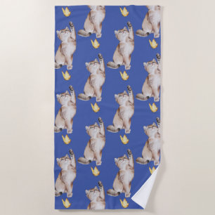 Cat Reaching For Yellow Butterfly on Med Blue Beach Towel