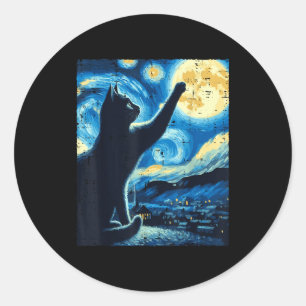 Cat Reaching Moon Starry Night Funny Kitten Men Wo Classic Round Sticker