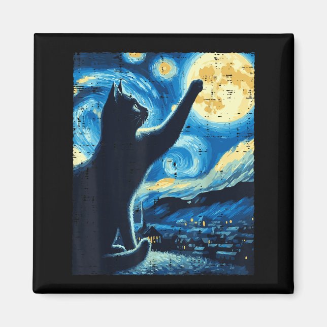 Cat Reaching Moon Starry Night Funny Kitten Men Wo Magnet (Front)