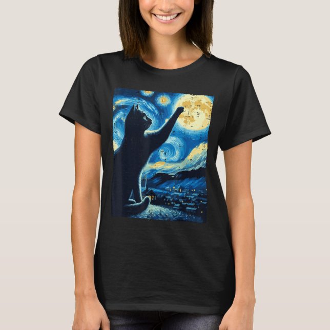 Cat Reaching Moon Starry Night Funny Kitten Men Wo T-Shirt (Front)
