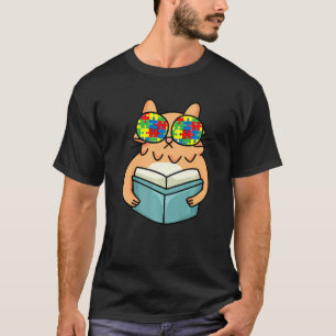 Cat Reading A Book Autism Awareness Puzzle Piece C T-Shirt
