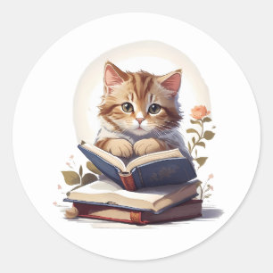Cat reading a book classic round sticker