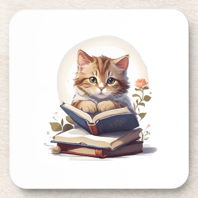 Cat reading a book coaster (Front)