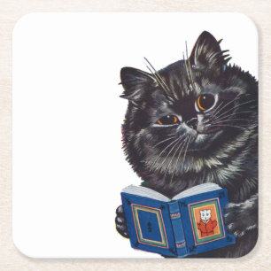 Cat Reading a Book, Louis Wain Square Paper Coaster