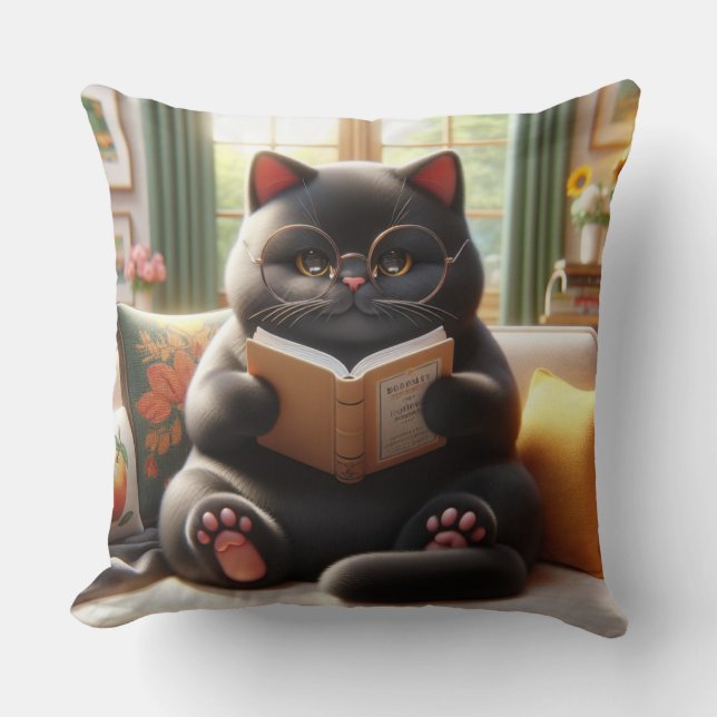 Cat reading a book on sofa cushion (Front)