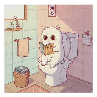 Cat Reading A Book On The Toilet Poster