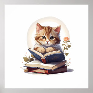 Cat reading a book poster