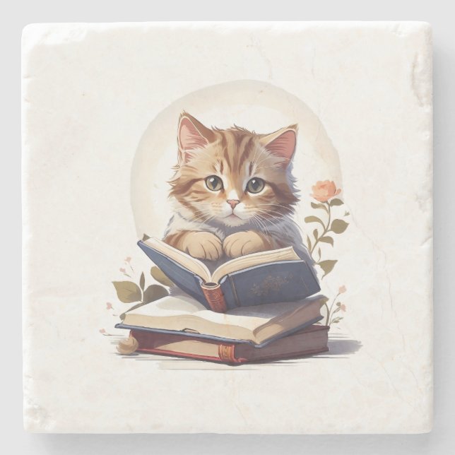 Cat reading a book stone coaster (Front)