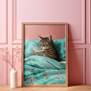 Cat Reading A Book Wall Art Poster Print