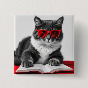 Cat Reading Book 15 Cm Square Badge
