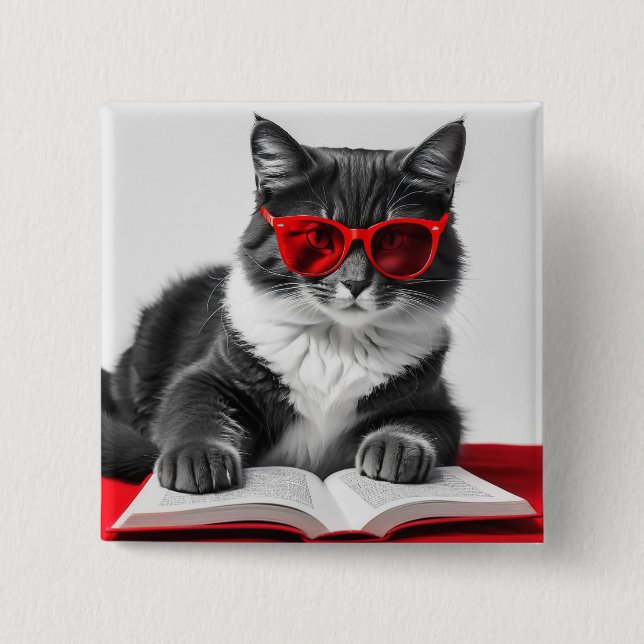 Cat Reading Book 15 Cm Square Badge (Front)
