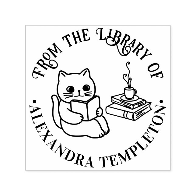 Cat Reading Book, Coffee Library Book Name Self-inking Stamp (Design)