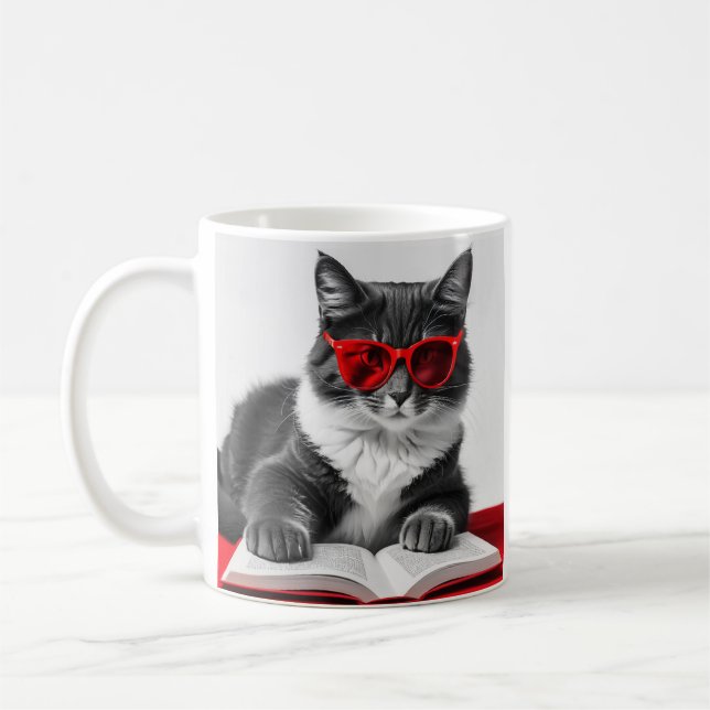 Cat Reading Book Coffee Mug (Left)