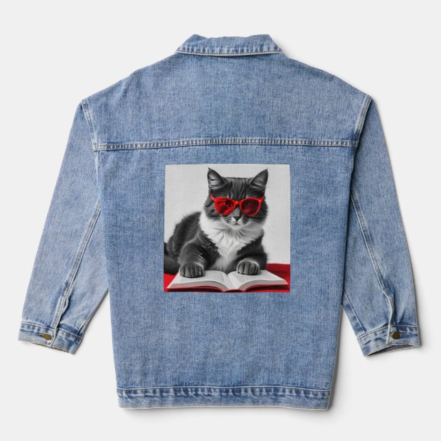 Cat Reading Book Denim Jacket (Back)