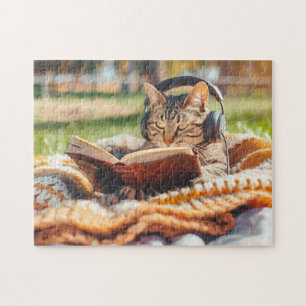 Cat reading book on knitted blanket jigsaw puzzle