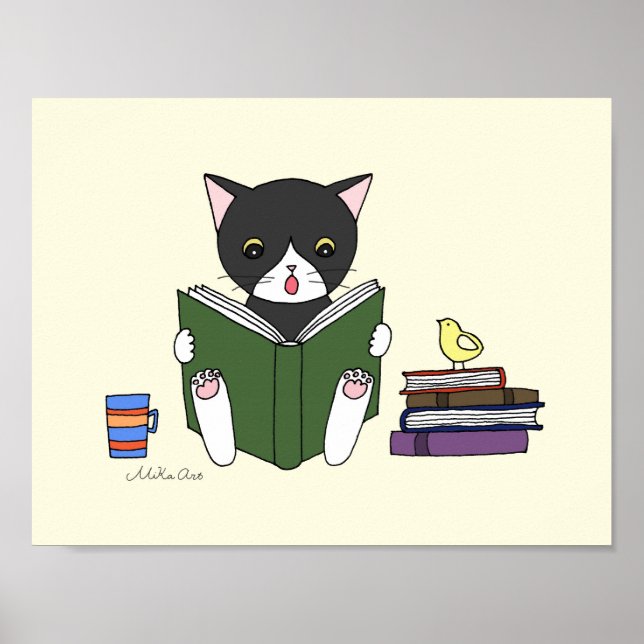 Cat Reading Book Poster Kids Literacy Nursery Art (Front)