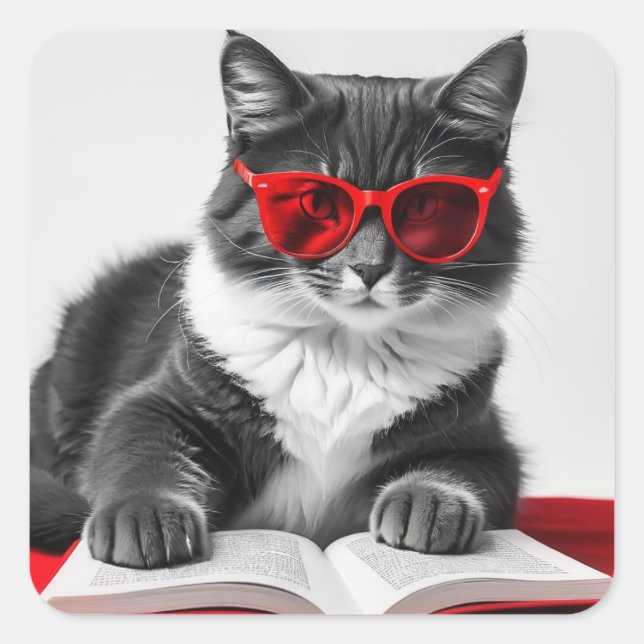 Cat Reading Book Square Sticker (Front)