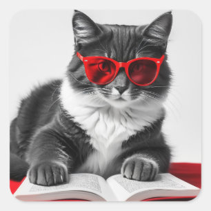 Cat Reading Book Square Sticker