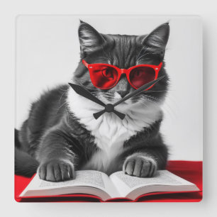 Cat Reading Book Square Wall Clock