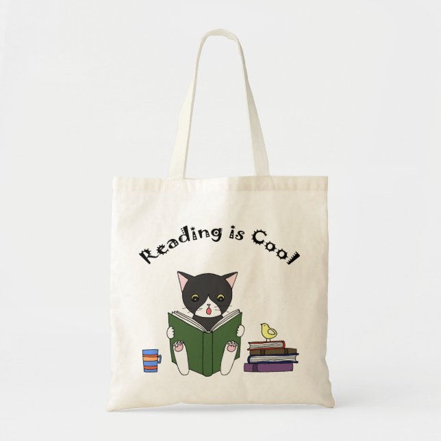 Cat Reading Book Tote Bag Funny Cat Library Bag (Front)