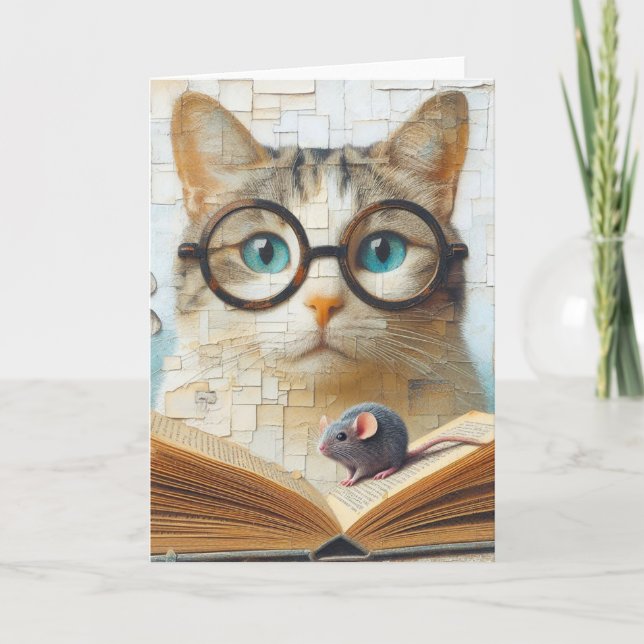 Cat Reading Book With Mouse Card (Front)
