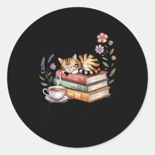 Cat reading books coffee lover cute graphic man classic round sticker