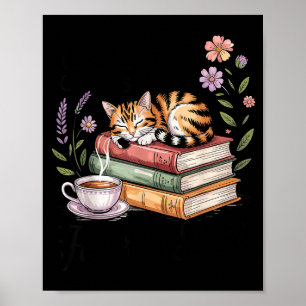 Cat reading books coffee lover cute graphic man poster